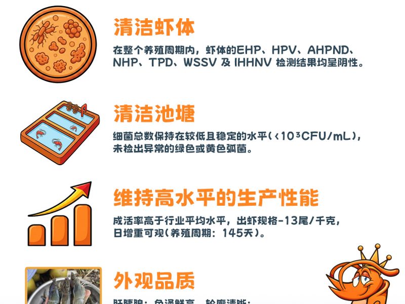 🦐🦐越南使用芬益安©的现场案例 🦐🦐 · 7种主要的病原体——检测结果持续呈阴性； · 池塘中的细菌总数保持在较低且稳定的水平； · 成活率高于行业平均水平，且日增重可观； · 出虾时壳色鲜亮、虾壳光洁、个头均匀。