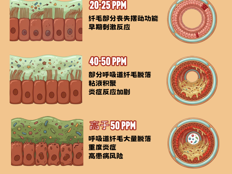 我们整理了一份不同氨气浓度对家禽呼吸道影响的信息图，说明了不同氨气浓度下家禽气道内发生的情况。